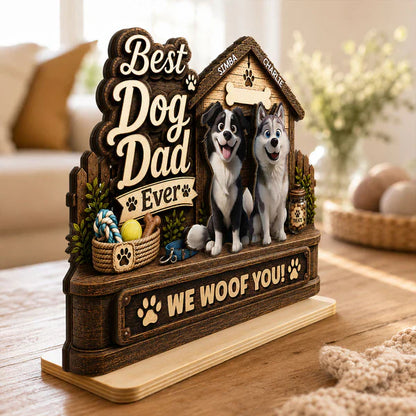 Personalized 2-Layer Wooden Plaque, Smiling Dogs by Doghouse, Unique Gift for Dog Dad