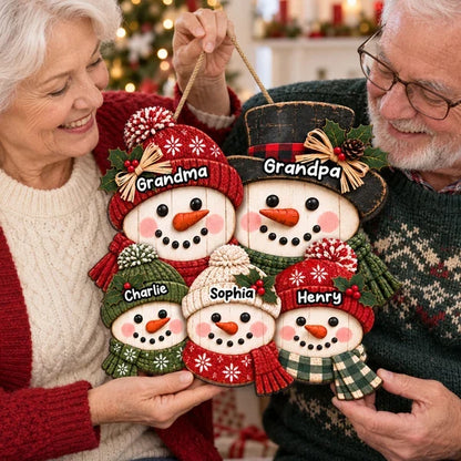 Personalized Wooden Sign, Rustic Red and Green Snowman Family Christmas Decor, Creative Gift for Grandma and Grandpa