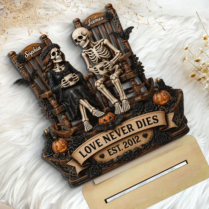 Personalized 2-Layer Wooden Plaque, Sitting Skeleton Couple Halloween Decor, Unique Creative Gift for Couples