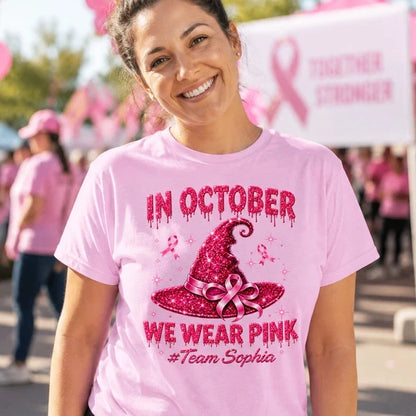 In October We Wear Pink Personalized Classic Tee, Sparkling Witch Hat, Creative Gift for Supporters