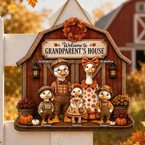 Personalized Wooden Sign, Rustic Autumn Goose Family at Grandparents' House, Unique Gift for Grandma & Grandpa