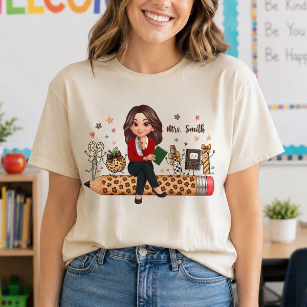 Personalized Teacher Classic Tee, Leopard Pencil & School Supplies, Unique Gift for Back to School