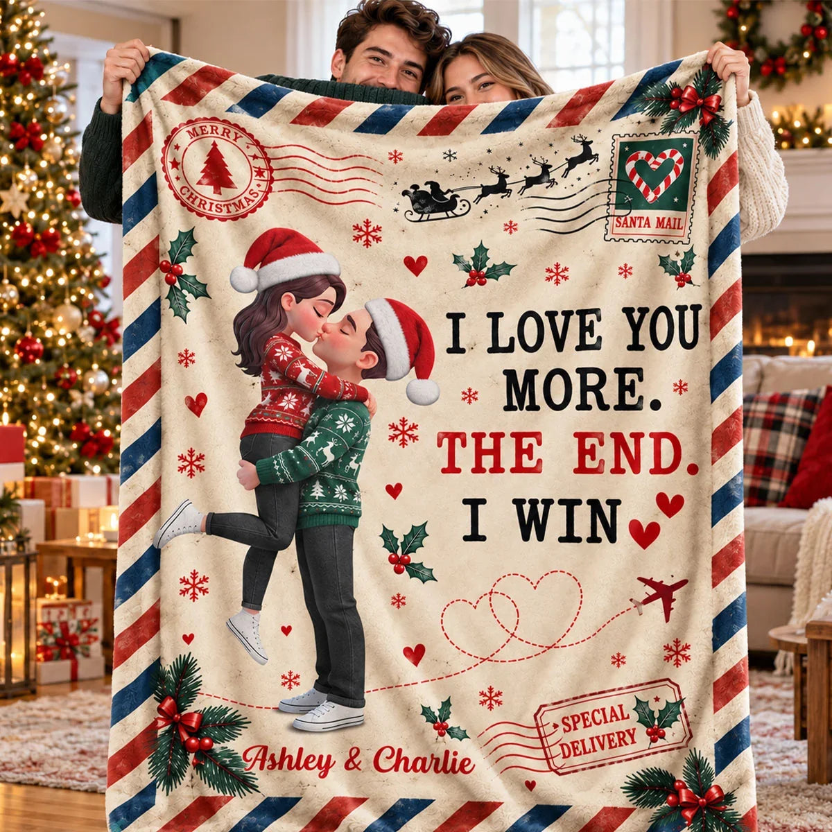 Personalized Fleece Blanket, Kissing Couple in a Vintage Christmas Scene, Unique Gift for Your Partner