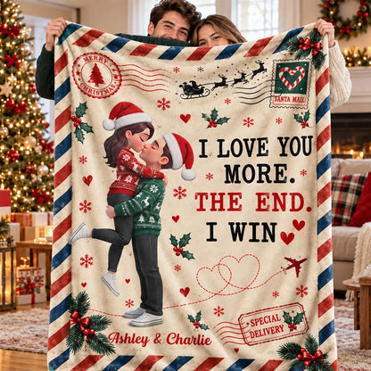 Personalized Fleece Blanket, Kissing Couple in a Vintage Christmas Scene, Unique Gift for Your Partner