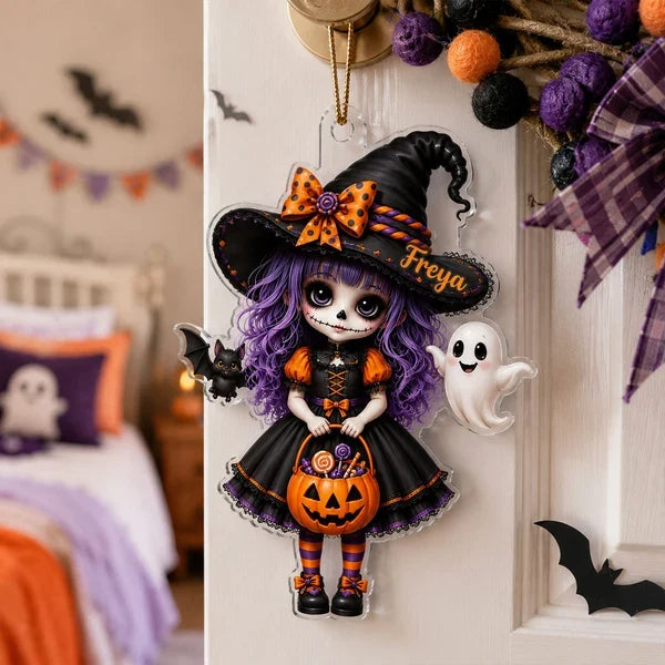 Personalized Acrylic Ornament, Little Witch On Pumpkin With Black Cat, Unique Halloween Gift For Daughter