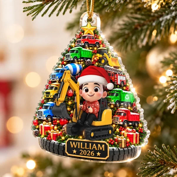 Personalized Acrylic Ornament, Construction Truck Christmas Tree with Boy Driver, Unique Holiday Gift for Son