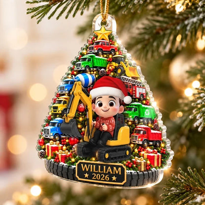 Personalized Acrylic Ornament, Construction Truck Christmas Tree with Boy Driver, Unique Holiday Gift for Son