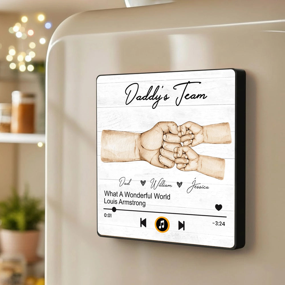 Personalized Acrylic Music Magnet with Daddy's Team Hand Fist Bump - Unique Gift for Dad for Fridge Decor