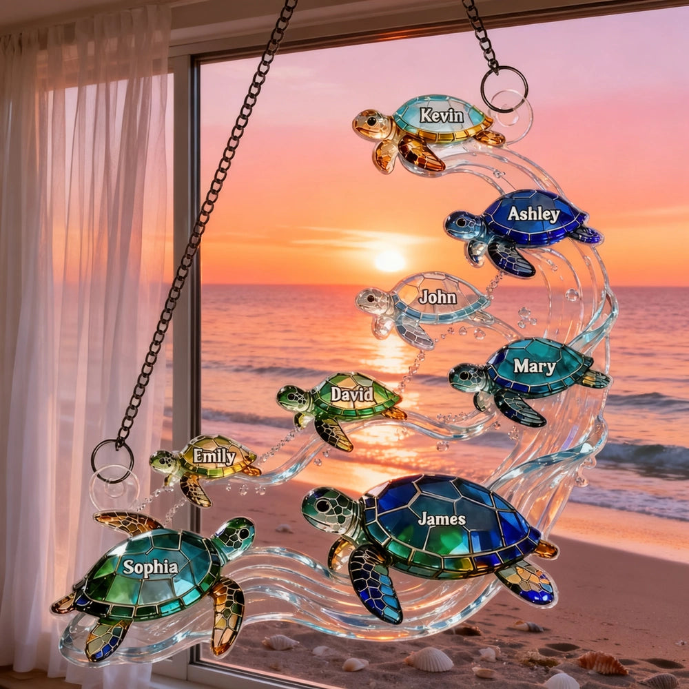 Swimming Sea Turtle Family Acrylic Suncatcher Ornament, Personalized Unique Creative Gift for Family Window Decor