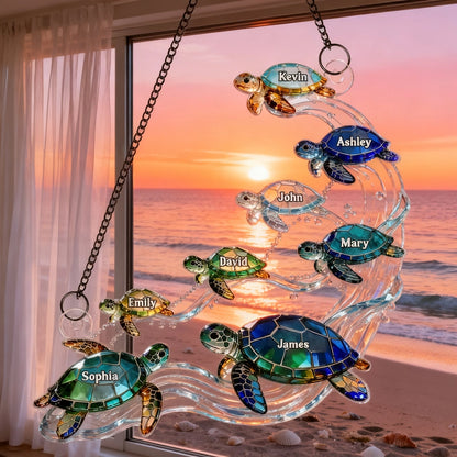 Swimming Sea Turtle Family Acrylic Suncatcher Ornament, Personalized Unique Creative Gift for Family Window Decor