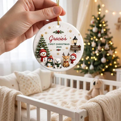 Personalized Ceramic Ornament, Cute Winter Friends Baby's First Christmas Keepsake, Unique Gift for New Parents