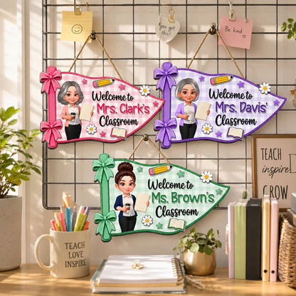 Personalized Wooden Sign for Teacher Classroom Door, Cute Pennant Welcome Decor, Unique Teacher Gift