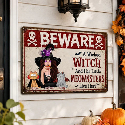 Personalized Rectangular Iron Sign, Witch Sipping with Costumed Cats, Unique Halloween Gift for Cat Lovers