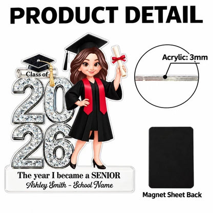 Personalized Acrylic Fridge Magnet, Cartoon Graduate Holding Diploma, Unique Gift for High School Senior