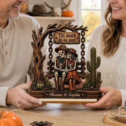 Personalized 2-Layer Wooden Plaque, Cowboy Skeleton Couple Halloween Decor, Unique Gift for Couple