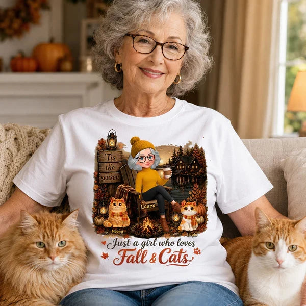 Personalized Sweatshirt, Woman with Cats by an Autumn Lakeside Campfire, Unique Gift for Cat Moms
