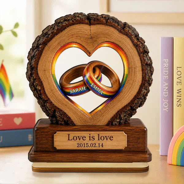 Personalized 2-Layer Wooden Plaque with Rainbow Rings, Unique Gift for LGBTQ Couple Anniversary