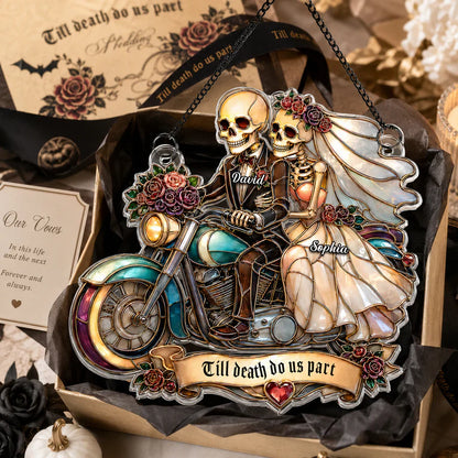 Personalized Acrylic Suncatcher Ornament, Skeleton Newlyweds Riding Motorcycle, Unique Couple Gift
