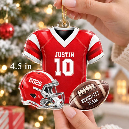 Personalized Acrylic Ornament, Green Football Jersey and Helmet, Unique Christmas Gift for Football Fans