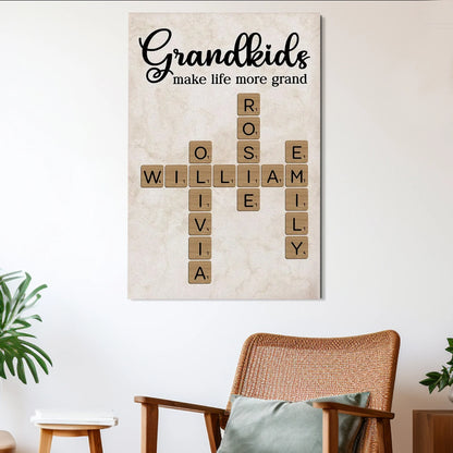 Personalized Grandkids Poster Crossword Art Gift for Grandparents – Custom Names Wall Decor That Makes Life More Grand