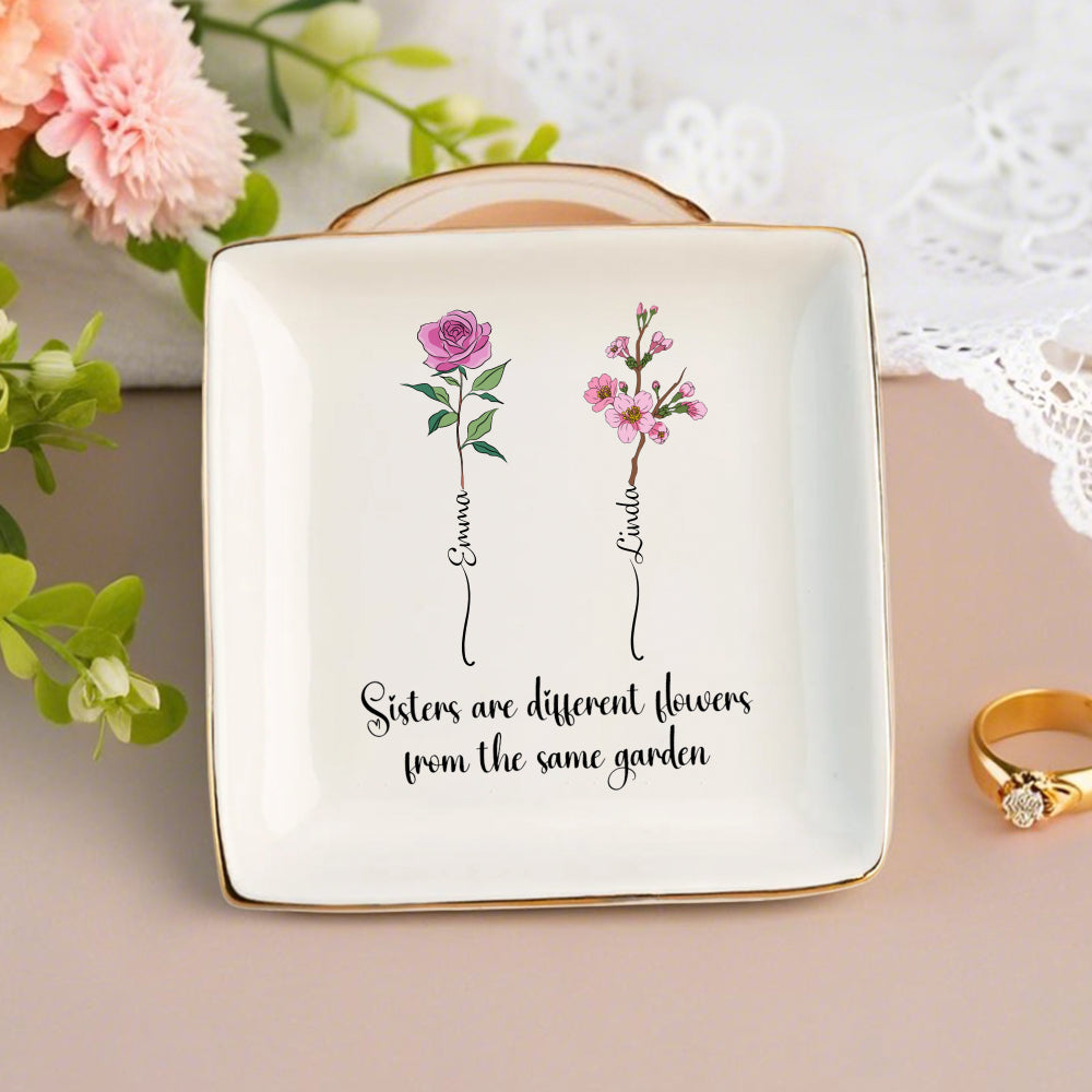 Sisters Are Different Flowers Jewelry Dish – Personalized Floral Gift for Sister with Names