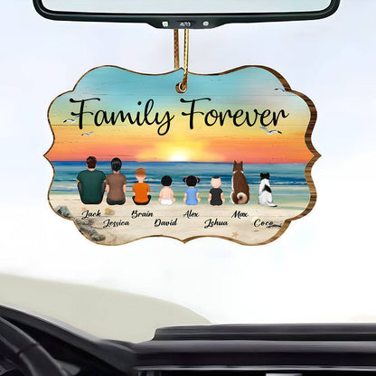 "Beach Landscape Family Sitting Back View Acrylic Or Wooden Car Hanger, Perfect Gift for Father's Day, for Dad or Grandpa"