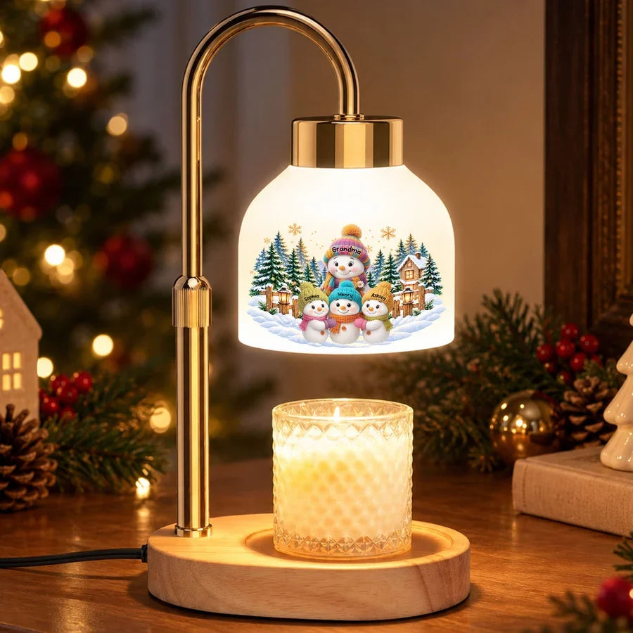 Personalized Candle Warmer Lamp, Grandma and Grandkids Snowman Scene, Unique Christmas Gift for Grandma