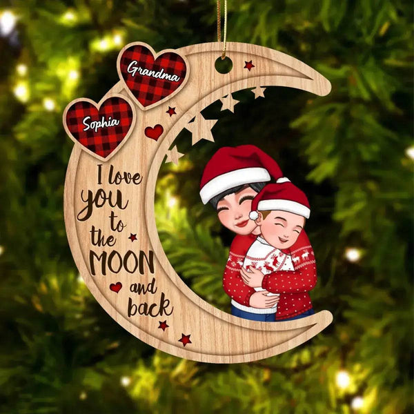 Cute Grandma Hugging Kids On Heart Pattern Moon - Personalized Wooden Ornament - Gift For Granddaughter Grandson
