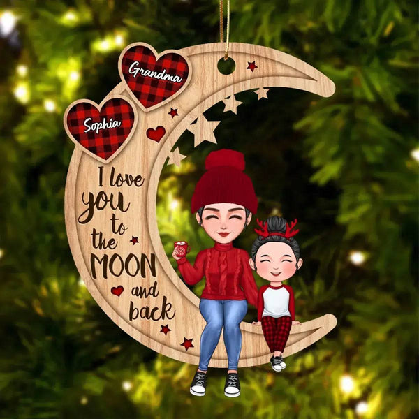 Grandma & Grandkid Sitting On Heart Pattern Moon - Personalized Wooden Ornament - Gift For Granddaughter Grandson