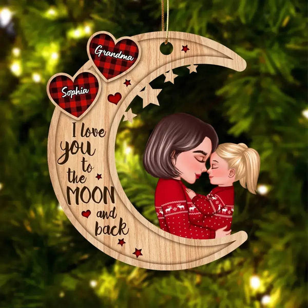 Grandma Mom Hugging GrandKid Kid On Heart Pattern Moon - Personalized Wooden Ornament - Gift For Granddaughter Grandson