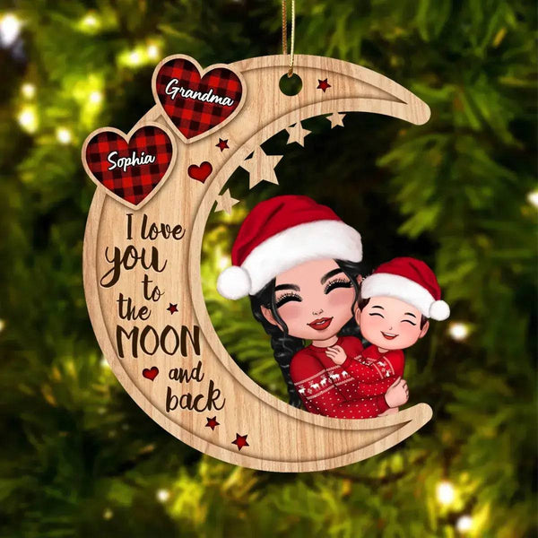 Doll Grandma Mom Hugging Kid On Heart Pattern Moon - Personalized Wooden Ornament