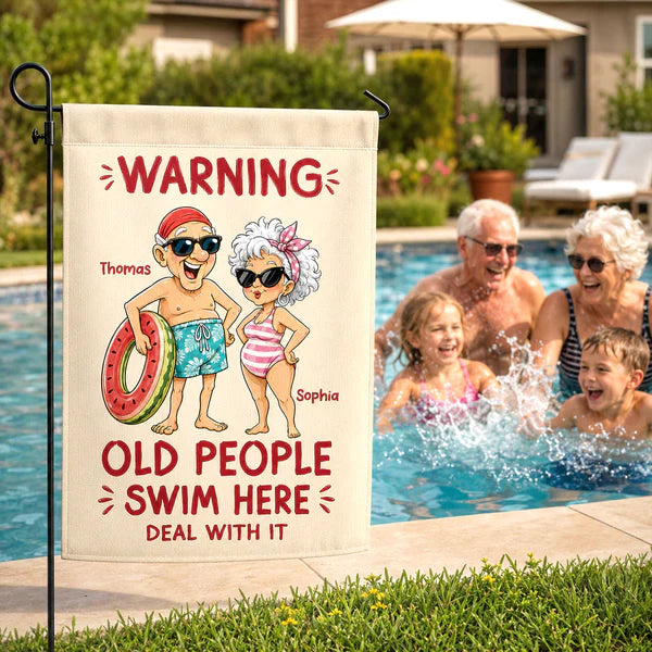 Warning Old People Swim Here Personalized Garden Flag, Funny Pool Patio Decor, Creative Gift for Grandparents
