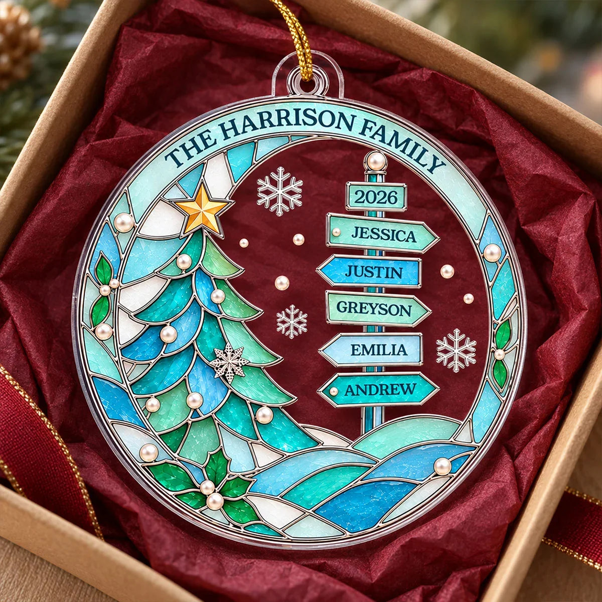 Personalized Acrylic Ornament, Blue Family Signpost and Snowy Tree Christmas Decor, Unique Gift for Parents