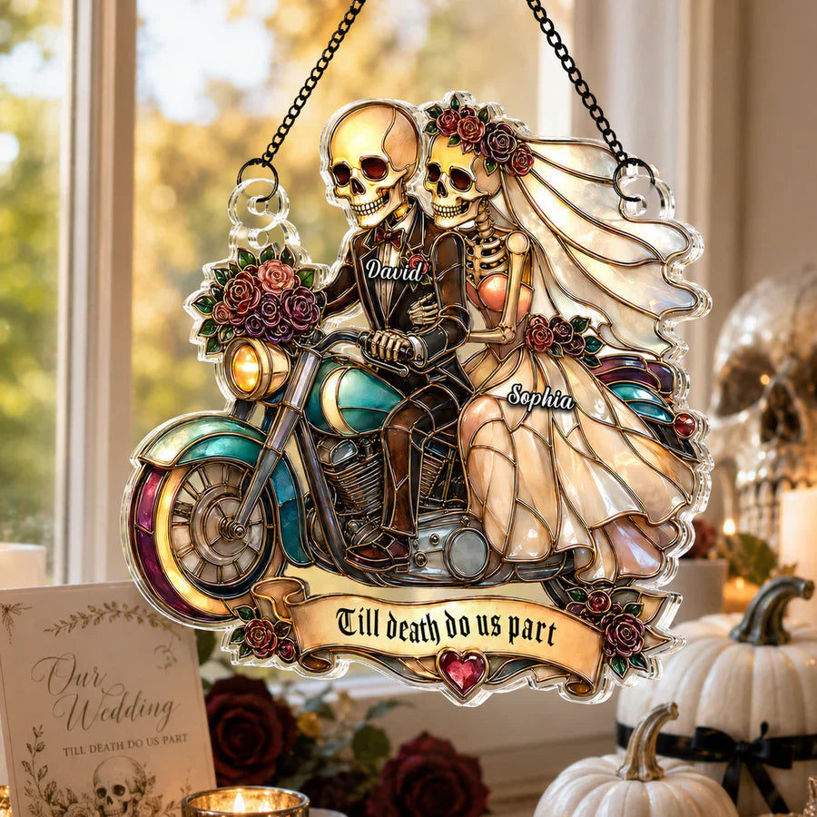 Personalized Acrylic Suncatcher Ornament, Skeleton Newlyweds Riding Motorcycle, Unique Couple Gift