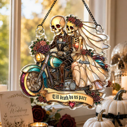 Personalized Acrylic Suncatcher Ornament, Skeleton Newlyweds Riding Motorcycle, Unique Couple Gift