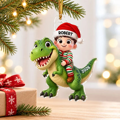 Personalized Acrylic Ornament, Festive Child Riding a Green Dinosaur, Creative Keepsake Gift for Grandkids
