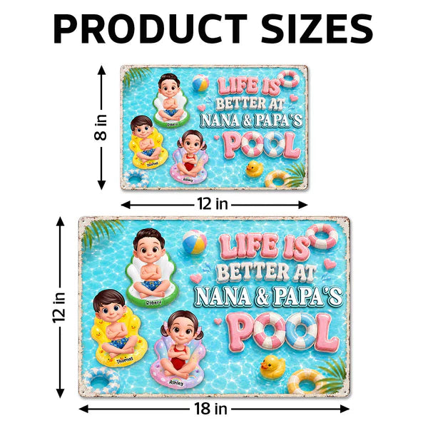 Personalized Rectangular Iron Sign, Kids on Pool Floats, Unique Gift for Nana & Papa's Pool