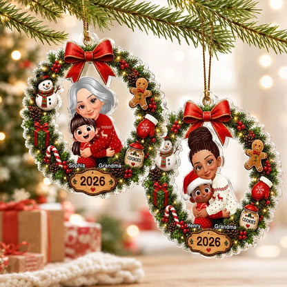 Personalized Acrylic Ornament, Red and Evergreen Grandma Hug Wreath, Unique Christmas Gift for Grandma