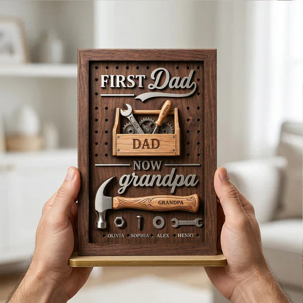 2-Layer Wooden Plaque Personalized First Dad Now Grandpa Tool Box Gift for Dad, Unique Grandpa Keepsake