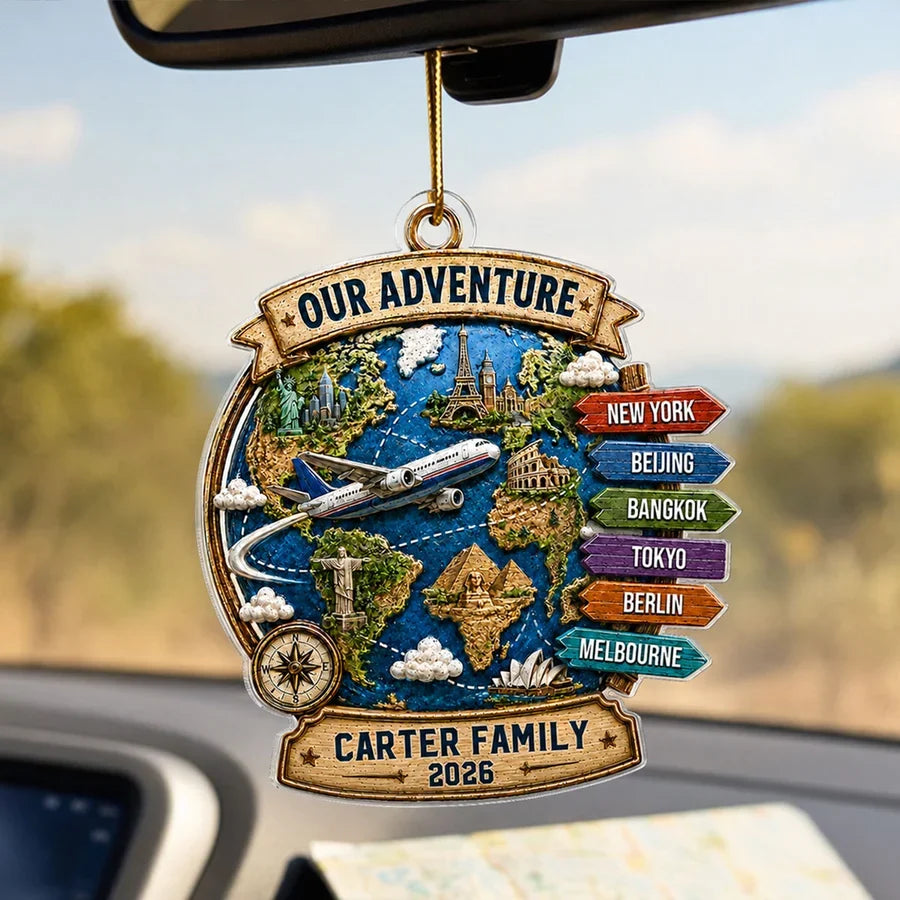 Our Adventure Acrylic Ornament, Personalized Travel Keepsake with Landmarks, Unique Gift for Couple and Family