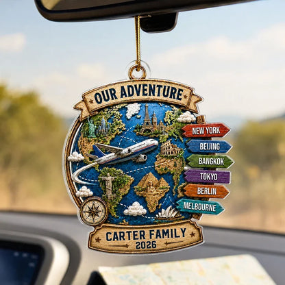 Our Adventure Acrylic Ornament, Personalized Travel Keepsake with Landmarks, Unique Gift for Couple and Family