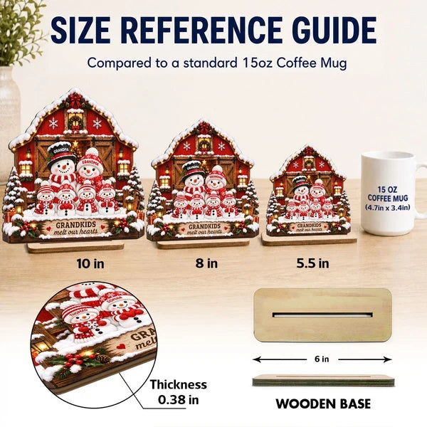 Personalized Wooden Plaque, Snowman Grandparents and Grandkids at a Snowy Red Barn, Unique Christmas Gift