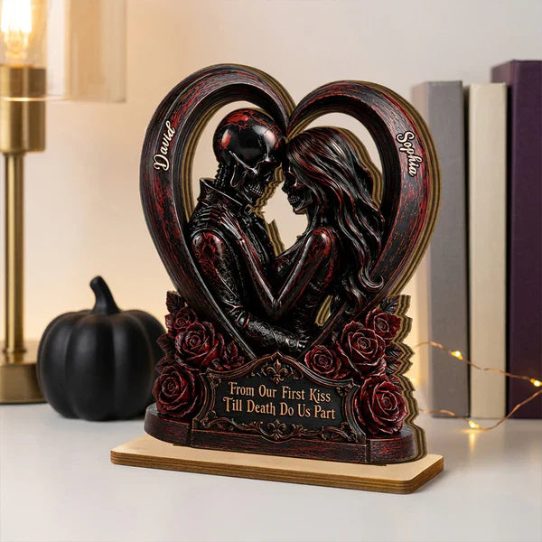 Personalized 2-Layer Wooden Plaque with Gothic Heart & Roses, From Our First Kiss Creative Gift for Couple