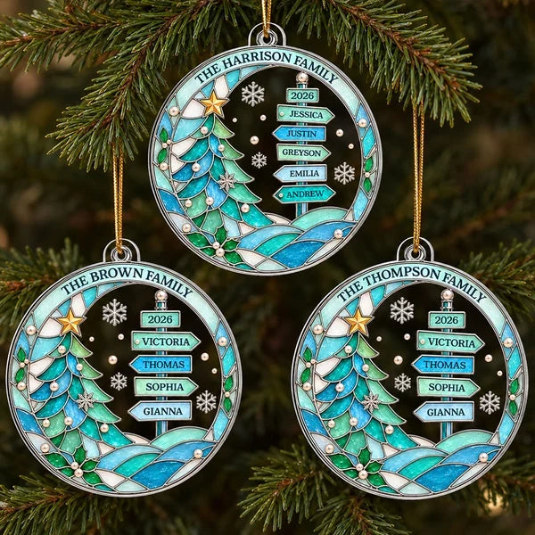 Personalized Acrylic Ornament, Blue Family Signpost and Snowy Tree Christmas Decor, Unique Gift for Parents