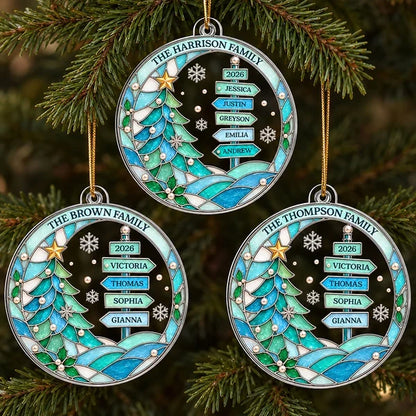 Personalized Acrylic Ornament, Blue Family Signpost and Snowy Tree Christmas Decor, Unique Gift for Parents