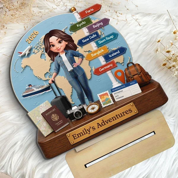 Personalized 2-Layer Wooden Plaque, Cartoon Traveler by a Blue World Map, Unique Gift for Travel Lovers