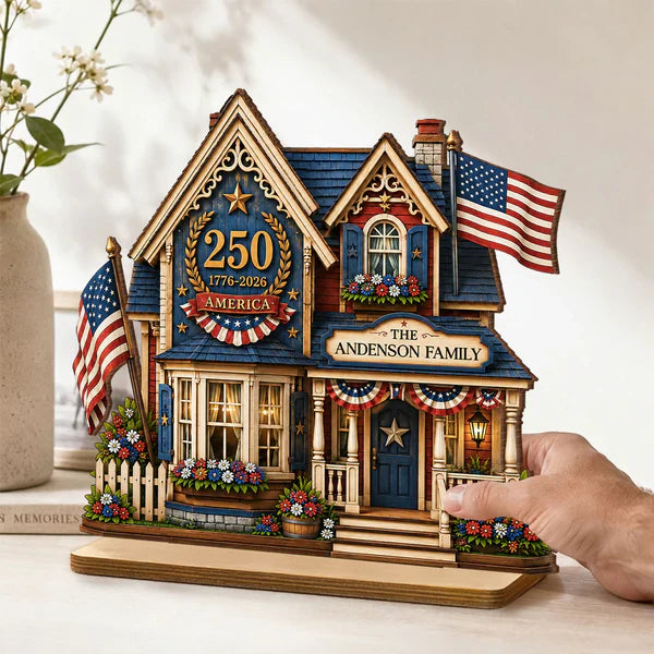 Personalized Wooden Plaque with Patriotic House Art, USA 250th Family Shelf Decor, Unique Gift for Family