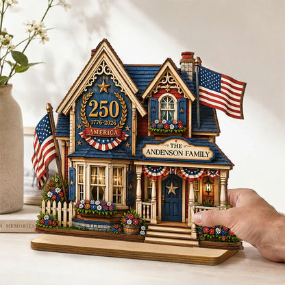 Personalized Wooden Plaque with Patriotic House Art, USA 250th Family Shelf Decor, Unique Gift for Family