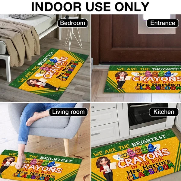 Personalized Standard Doormat, Teacher Holding Papers & Colorful Crayons, Unique Classroom Gift