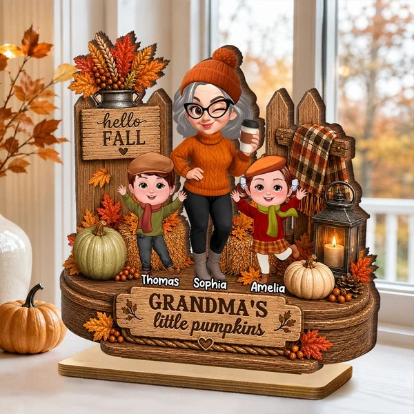 Personalized Wooden Plaque, Winking Grandma With Waving Grandkids in a Fall Scene, Unique Gift for Grandma